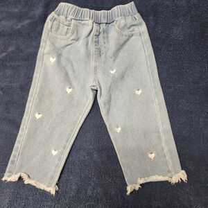 Shein Baby Jeans 9‐12 Months with Embroidered Pink Hearts and Raw Cuffs